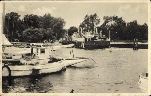 Ak Rorvig Dänemark, Havn, Hafenpartie mit Fährschiff