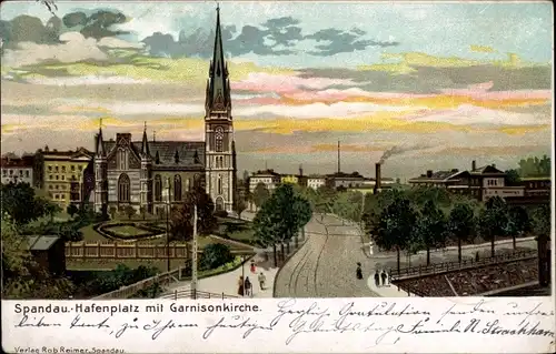 Litho Berlin Spandau, Hafenplatz mit Garnisonkirche