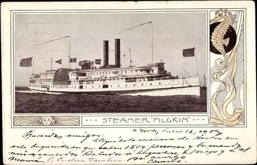 Jugendstil Ak USA, Steamer Pilgrim, Dampfer