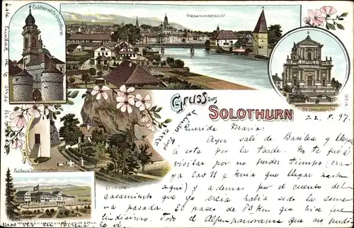 Litho Solothurn Stadt Schweiz, St. Ursuskirche, Eichtor, Kurhaus, Stadtansicht