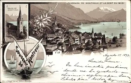 Litho Montreux Kanton Waadt Schweiz, Eglise, Panorama, Dent du Midi