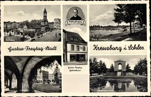 Ak Kluczbork Kreuzburg Oberschlesien, Gustav Freytag Stadt, Rathaus, Volksbad, Heldendenkmal