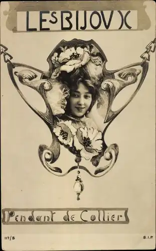 Jugendstil Foto Ak Pendant de Collier, Les Bijoux, Kettenanhänger mit Frauenportrait