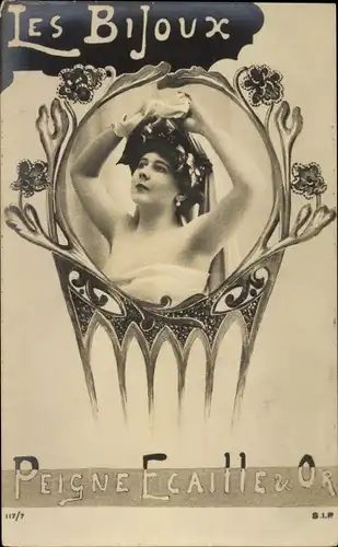 Jugendstil Foto Ak Peigne Ecaille & Or, Les Bijoux, Haarkamm mit Frauenportrait