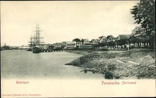 Ak Paramaribo Suriname, Waterkant, Blick auf den Ort, Segelschiffe