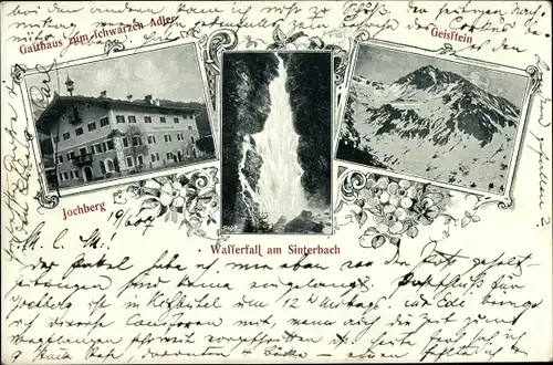 Ak Jochberg in Tirol, Gasthaus zum schwarzen Adler, Wasserfall am Sinterbach, Geißstein