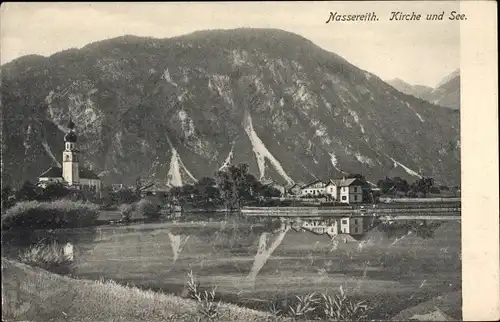 Ak Nassereith in Tirol, Partie am See, Blick auf den Ort, Kirche
