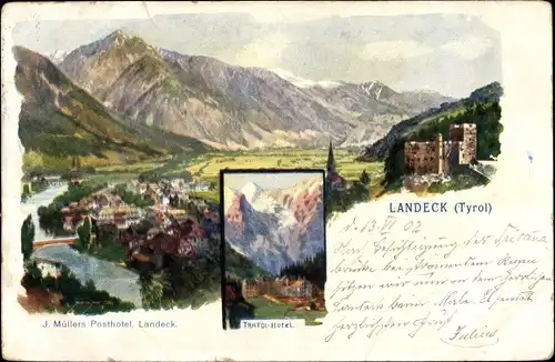 Ak Landeck in Tirol, Trafoi Hotel, Posthotel, Blick auf den Ort