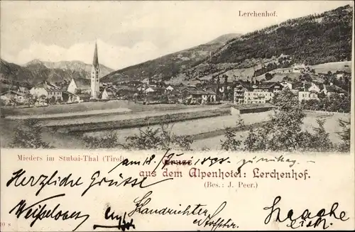 Ak Mieders in Tirol, Blick auf den Ort im Stubaital, Alpenhotel Lerchenhof