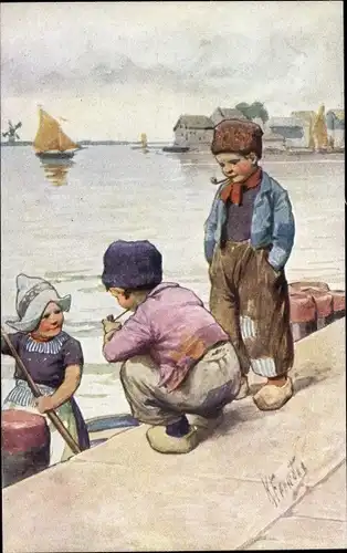 Künstler Ak Feiertag, K., Kinder in niederländischen Trachten, Pfeife, Segelboot, Frau beim Fegen