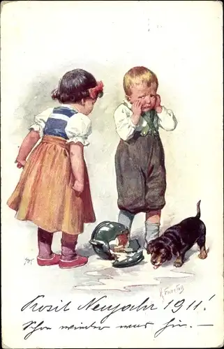 Künstler Ak Feiertag, K., Zerbrochener Krug, Dackel, Milch, Kinder