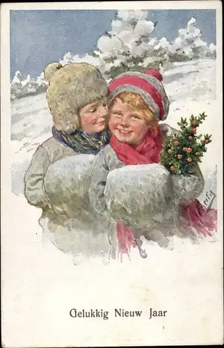 Künstler Ak Feiertag, K., Glückwunsch Neujahr, Kinder, Liebespaar, Tannenbaum