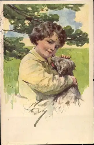 Künstler Ak Feiertag, K., Mädchen mit Hund, Portrait, Freundschaft