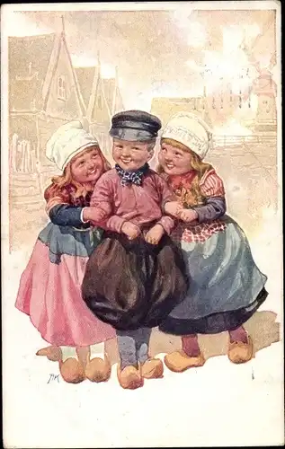 Künstler Ak Feiertag, K., Junge mit zwei Verehrerinnen, Niederländischer Tracht, BKWI 569-6