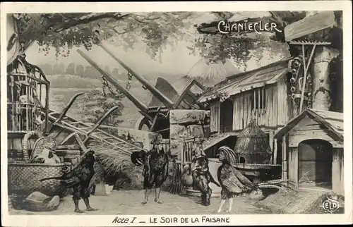 Ak Chantecler, Acte 1, Le Soir de la Faisane, vermenschlichte Fasane, Theaterszene