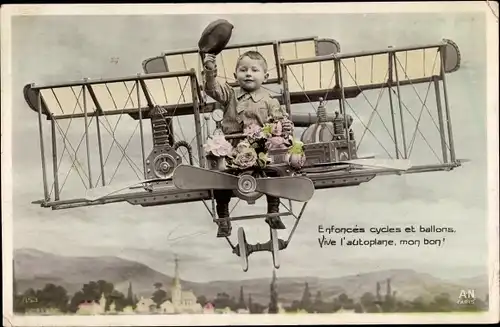 Ak Enfonces cycles et ballons, vive l'autoplane mon bon, Junge, Flugzeug, Doppeldecker