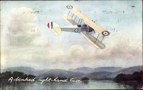 Künstler Ak Britisches Militärflugzeug, a banked right hand turn, Doppeldecker