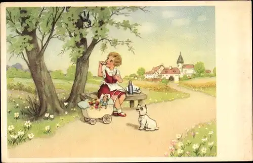 Ak Mädchen mit Puppenwagen beobachtet einen Vogel, Hund