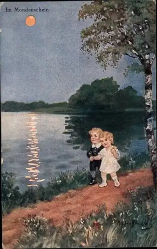 Künstler Ak Hoffmann, Ad., Im Mondenschein, Spaziergang am Wasser
