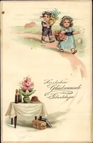 Ak Glückwunsch Geburtstag, Kinder mit Blumen, Kaffeetafel mit Geschenken und Kuchen