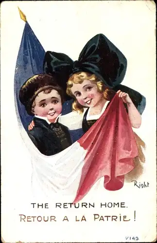Künstler Ak Right, The return home, Mädchen in Elsässer Tracht, Fahne