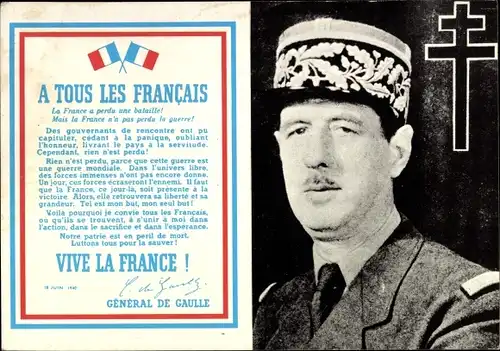 Ak A Tous les Francais, Vive la France, Charles de Gaulle, Portrait