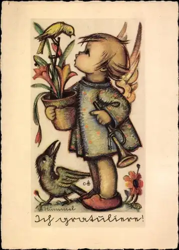 Künstler Ak Hummel, Berta, Ich gratuliere, Mädchen mit Blumentopf, Trompete, Vögel, Nr. 4514