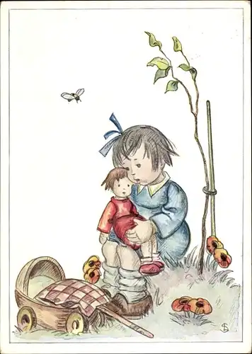 Künstler Ak Kleines Mädchen mit Puppe, Puppenwagen, Biene, Hansi Karte
