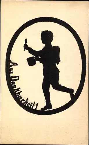 Scherenschnitt Ak Aus Dankbarkeit, Junge mit Blechnapf