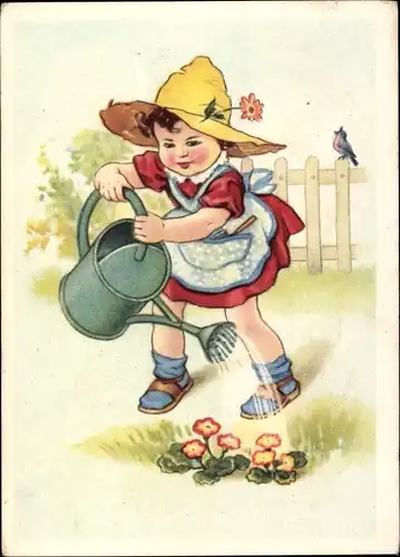 Künstler Ak Mädchen gießt Blumen, Gießkanne
