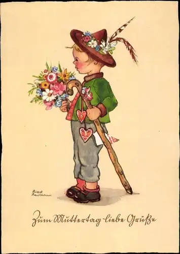 Künstler Ak Lauterborn, Liesel, Zum Muttertag liebe Grüße, Junge mit Blumenstrauß