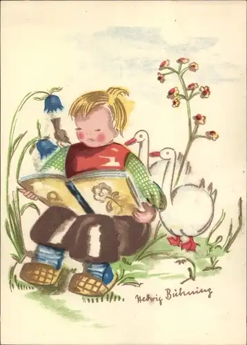 Künstler Ak Bühning, Hedwig, Kind liest ein Buch, Gänse