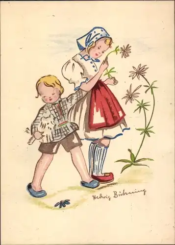 Künstler Ak Bühning, Hedwig, Junge und Mädchen, Blumen