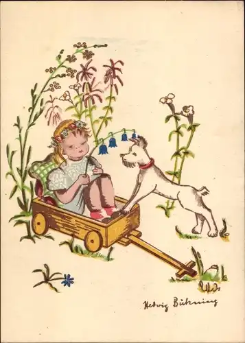Künstler Ak Bühning, Hedwig, Mädchen in einem Handkarren, Hund, Blumen