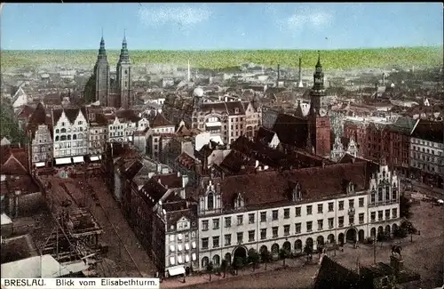 Ak Wrocław Breslau Schlesien, Blick vom Elisabethturm, Hausdach links unten im Bau