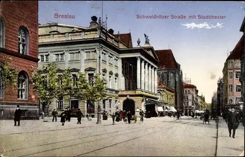 Ak Wrocław Breslau Schlesien, Schweidnitzer Straße mit Stadttheater