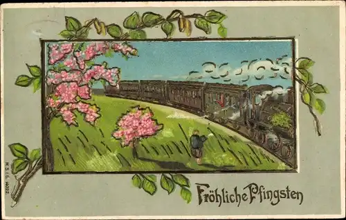 Präge Ak Glückwunsch Pfingsten, Dampflok in voller Fahrt, Blütenbäume