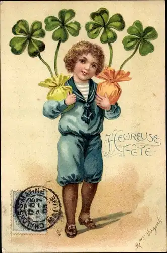 Präge Litho Glückwunsch, Heureuse Fete, Junge mit Kleeblättern