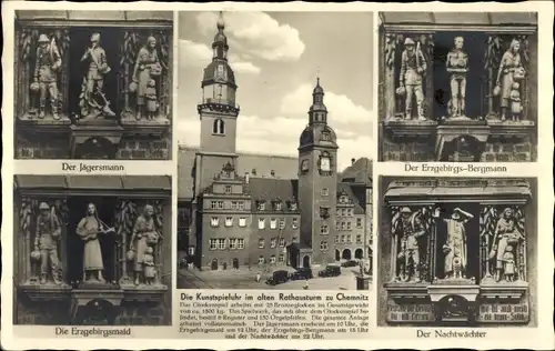 Ak Chemnitz in Sachsen, Kunststpieluhr im alten Rathaus, Figuren