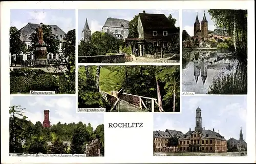 Ak Rochlitz an der Mulde, Mordgrundbrücke, Schloss, Rathaus, Kriegerdenkmal, Fr.-August-Denkmal