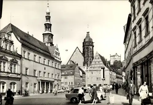 Ak Pirna an der Elbe, Obermarkt mit Canaletto-Haus, Straßenszene, Turmuhr, Turm