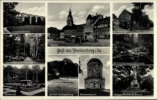 Ak Frankenberg an der Zschopau, Lützeltalbrücke, Bismarckturm, Naturbühne, Schloss Sachsenburg