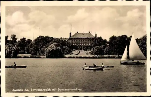 Ak Zwickau in Sachsen, Schwanenteich mit Schwanenschloss