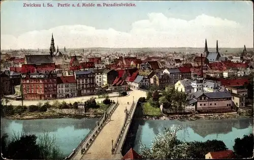 Ak Zwickau Sachsen, Partie an der Mulde mit Paradiesbrücke