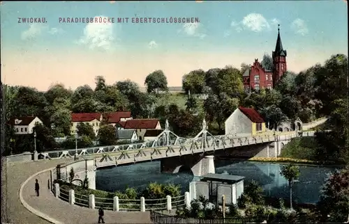 Ak Zwickau in Sachsen, Paradiesbrücke mit Ebertschlösschen