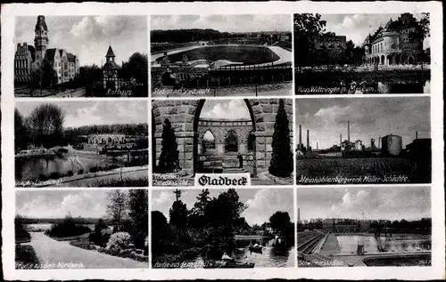 Ak Gladbeck im Ruhrgebiet Westfalen, Rathaus, Haus Wittringen, Stadion, Möller Schächte