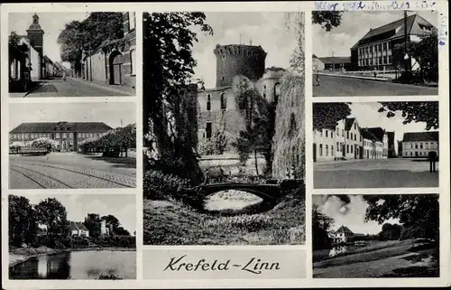 Ak Linn Krefeld am Niederrhein, Burg, Evang. und kath. Schule, Rheinbabenstraße, Andreasmarkt