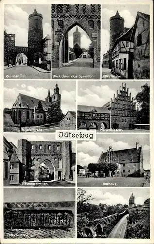 Ak Jüterbog in Brandenburg, Dammtor, Nikolaikirche, Rathaus, Stadtmauer, Marienkloster