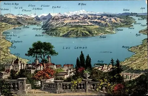 Landkarten Ak Lausanne Kanton Waadt, Lac Léman, M. Blanc, Nyon, Montreux