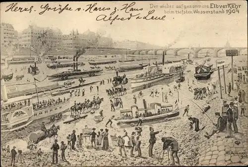 Künstler Ak Dresden Altstadt, der wieder aufgenommene Elbverkehr beim tiefen Wasserstand 1904